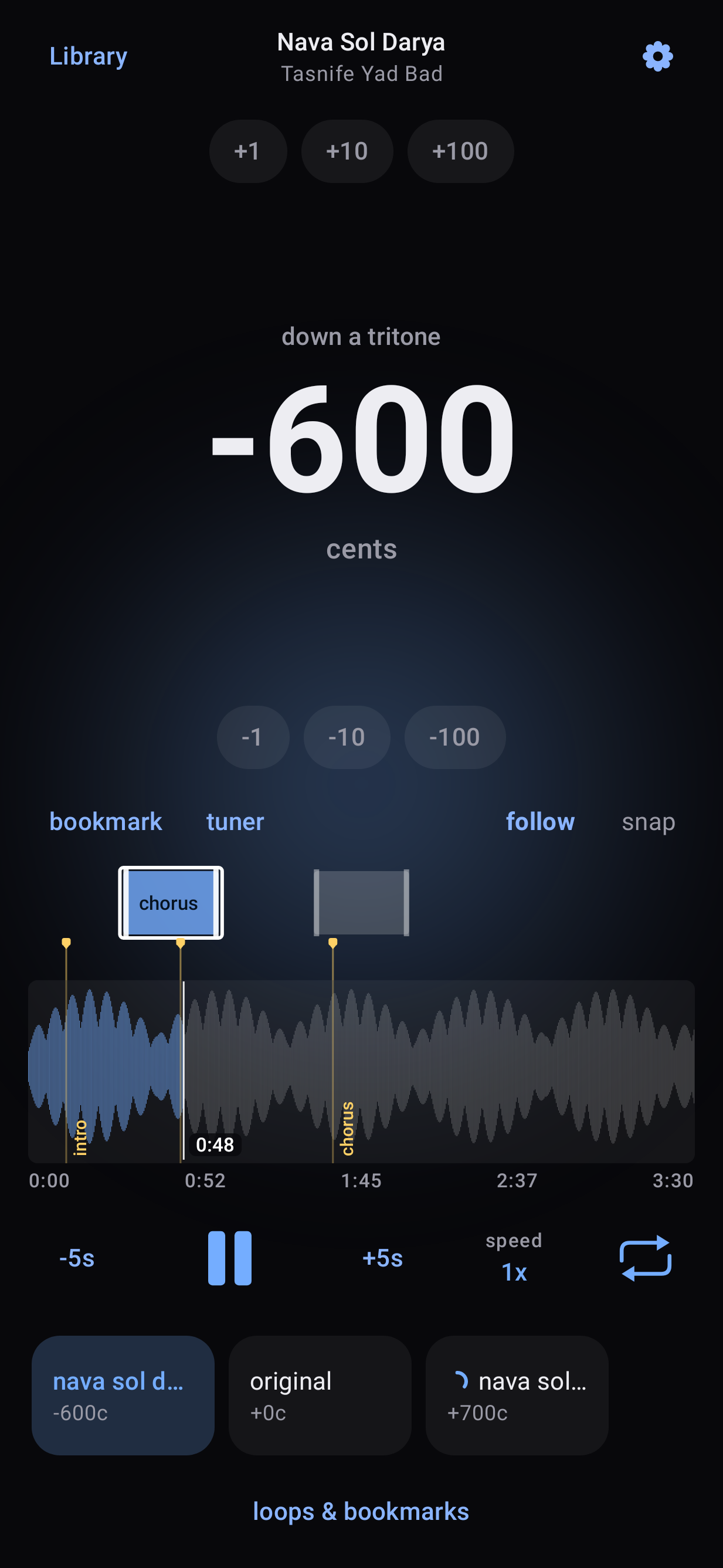 The pitcher studio on Android: the pitch in cents with the interval above it, a waveform with loops and bookmarks, playback controls, and a shelf of kept pitches